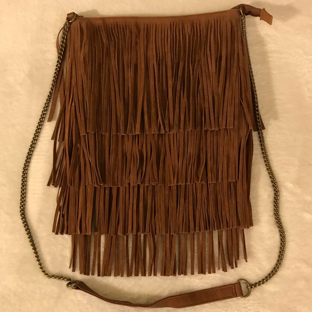Tan faux suede fringe purse, NWOT